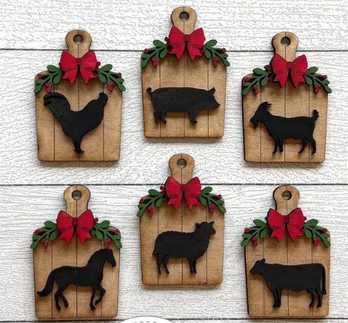 Wood Farm Animal Christmas Ornament Set